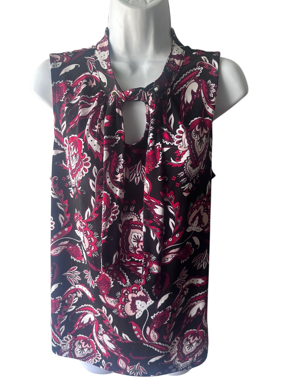 Liz Claiborne Black Red Paisley Keyhole Sleeveless Blouse Size L Elegant Top